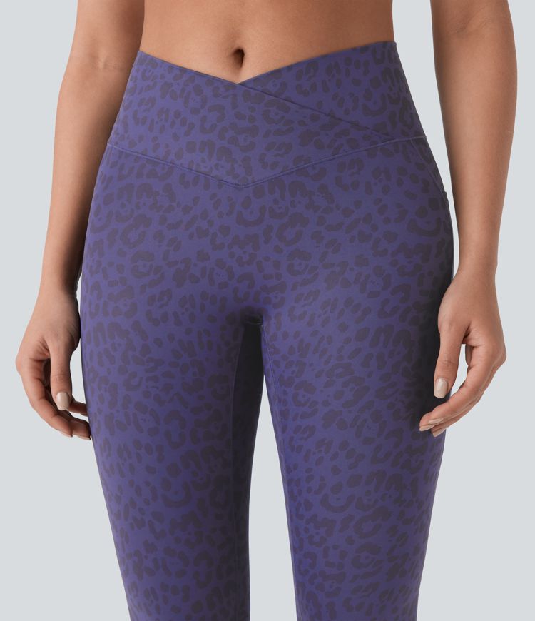 High Waisted Crossover Pocket Leopard Print 7/8 Yoga Leggings