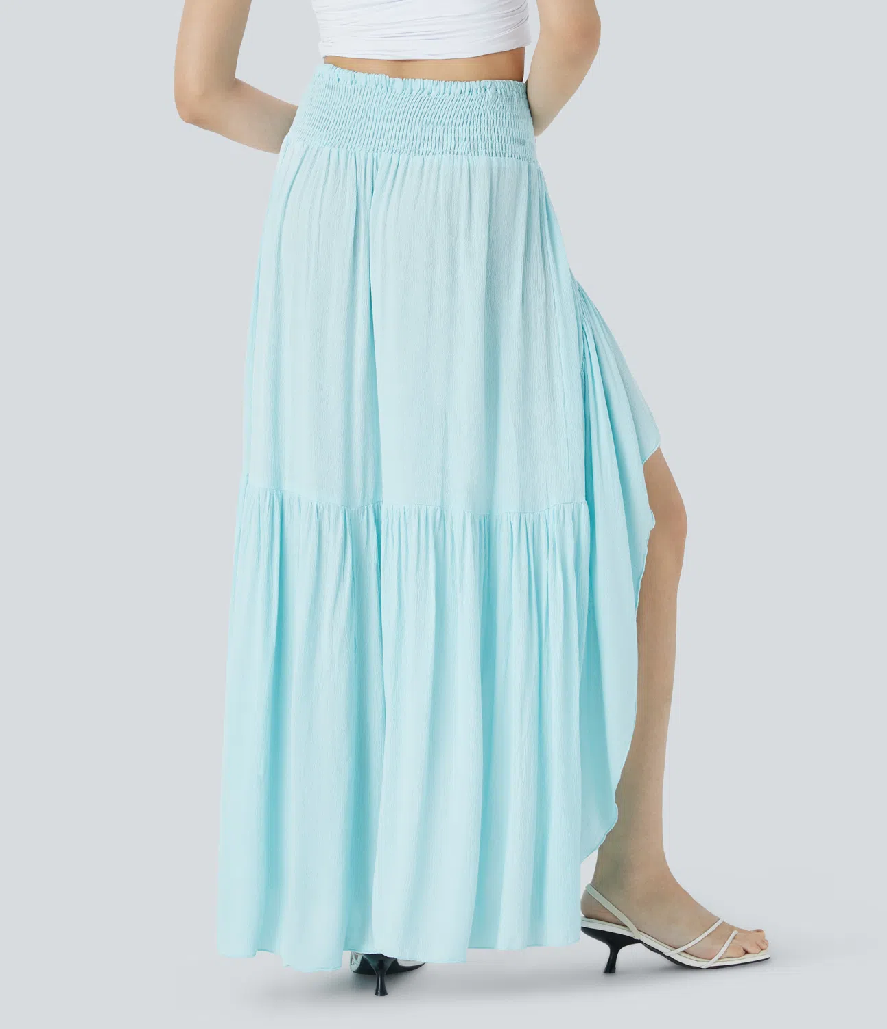 High waist drawstring shirring drape ruffle high-low maxi holiday look skirt