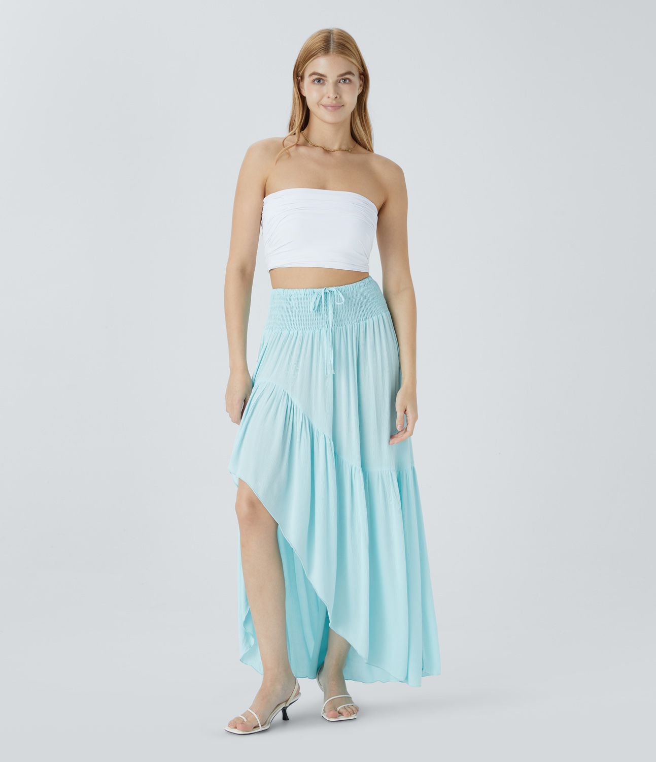 High-waist drawstring shirring drape ruffle high-low maxi vacation look skirt