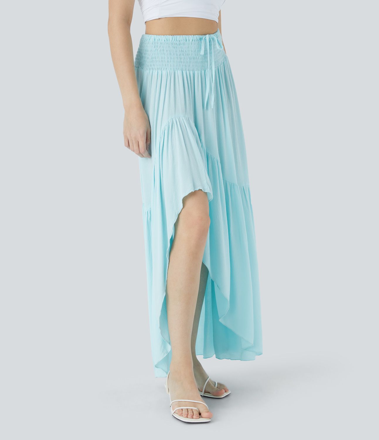 High-waist drawstring shirring drape ruffle high-low maxi vacation look skirt
