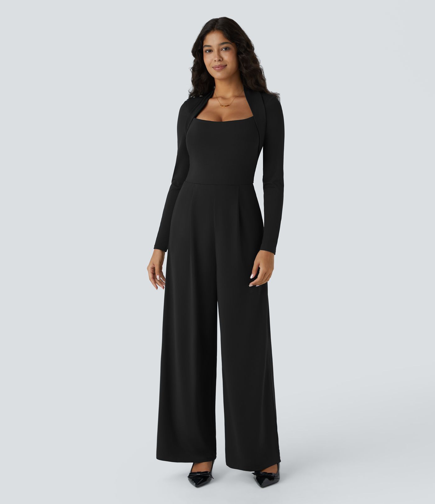 Long Sleeve Pocket Wide Leg Women Formal Jumpsuit-Easy Peezy