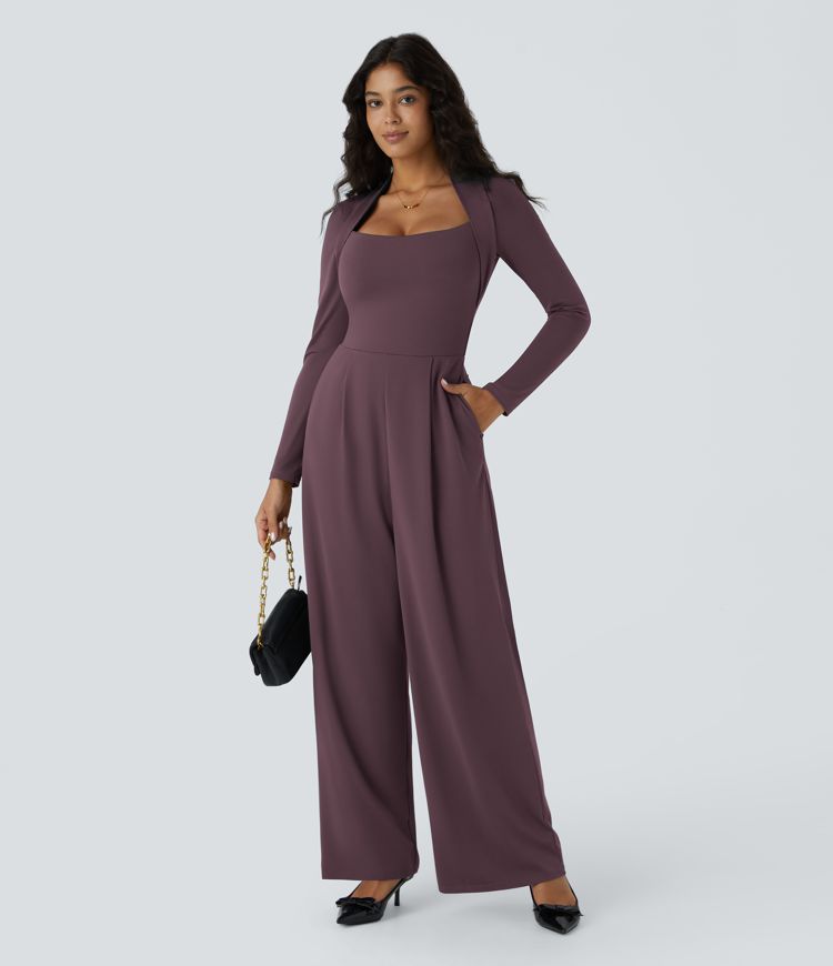 Long Sleeve Pocket Wide Leg Jumpsuit-Easy Peezy