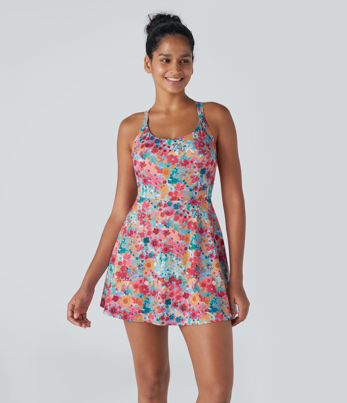 Rückenfreies Pickleball-Aktivkleid mit gedrehtem Blumendruck – Easy Peezy Edition