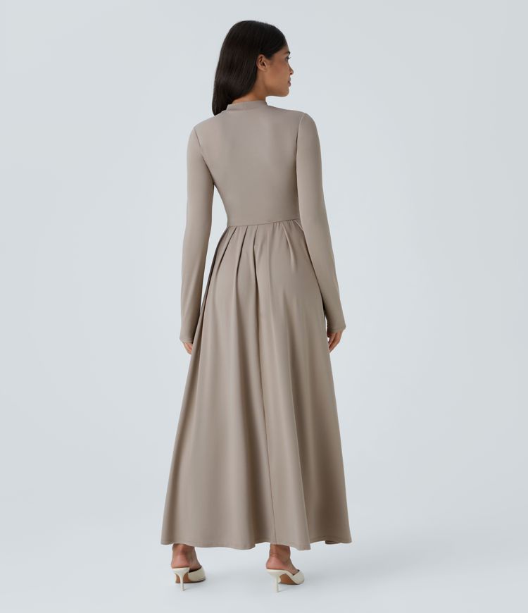 Stand Collar Long Sleeve Side Pocket Flare Maxi Casual Dress