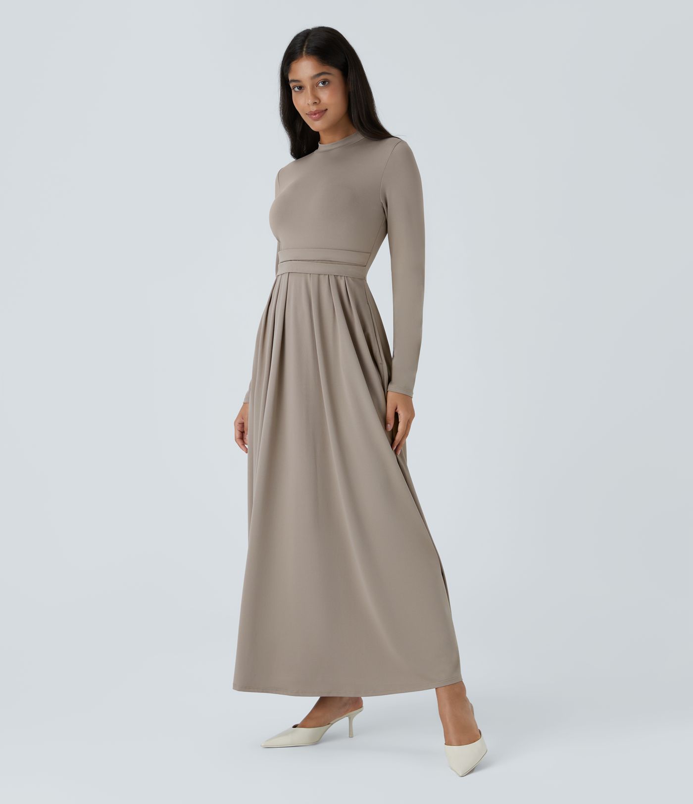Mock-neck Long Sleeve Pocket Flare Maxi Casual Dress