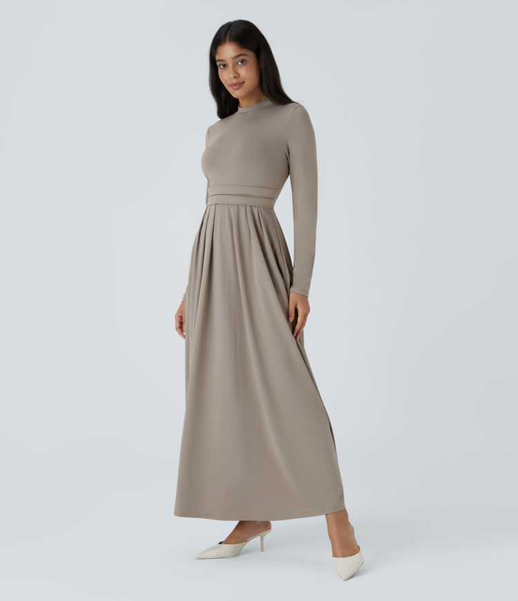 Stand Collar Long Sleeve Side Pocket Flare Maxi Casual Dress