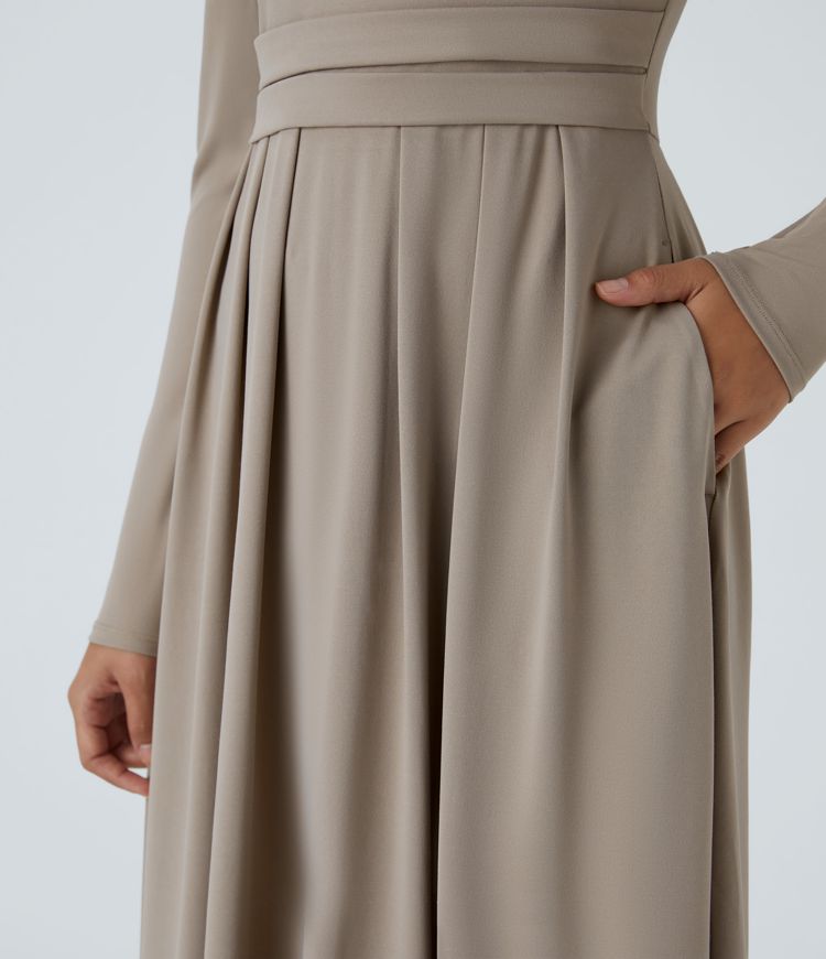 Stand Collar Long Sleeve Side Pocket Flare Maxi Casual Dress