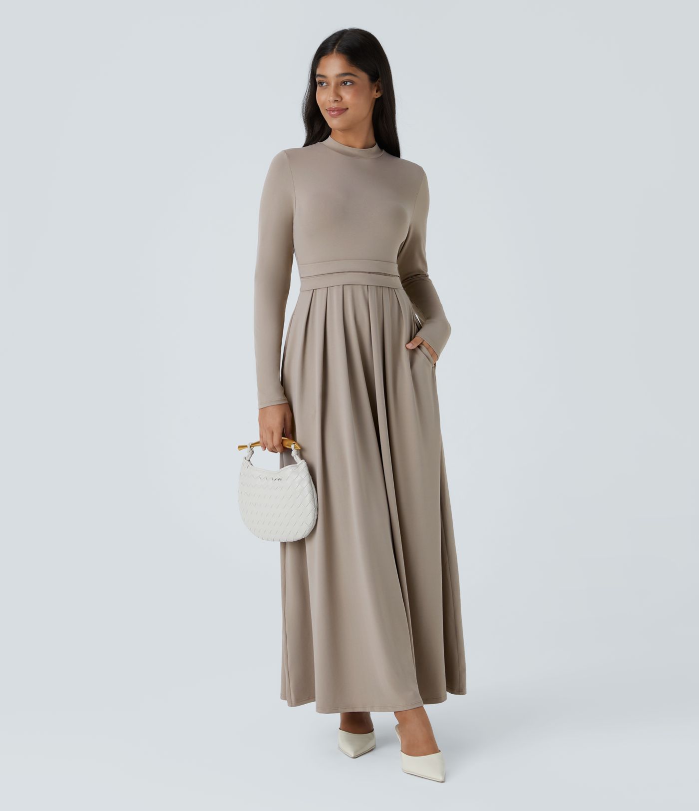 Mock-neck Long Sleeve Pocket Flare Maxi Casual Dress