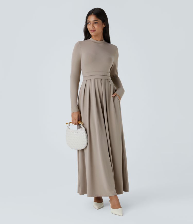 Stand Collar Long Sleeve Side Pocket Flare Maxi Casual Dress
