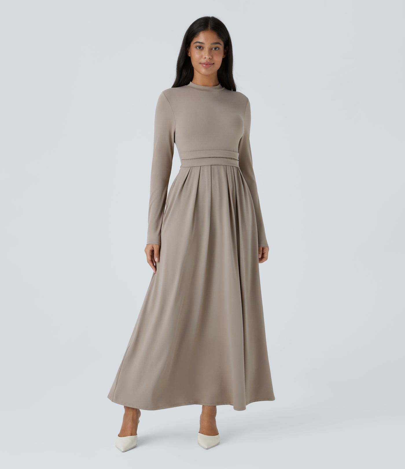 Mock-neck Long Sleeve Pocket Flare Maxi Casual Dress