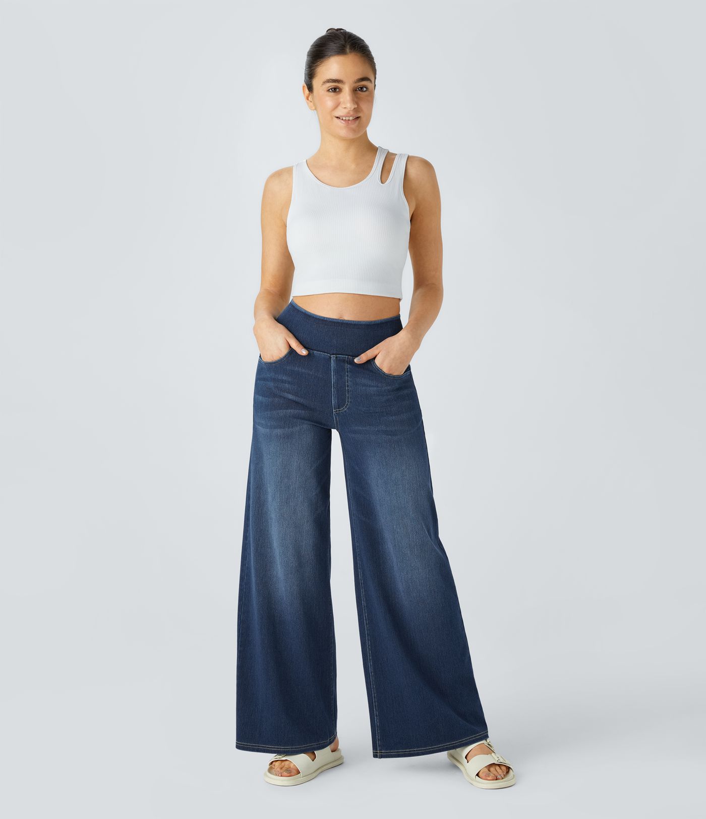 Halara Flex™ High Waisted Pockets Baggy Wide Leg Washed Casual Jeans