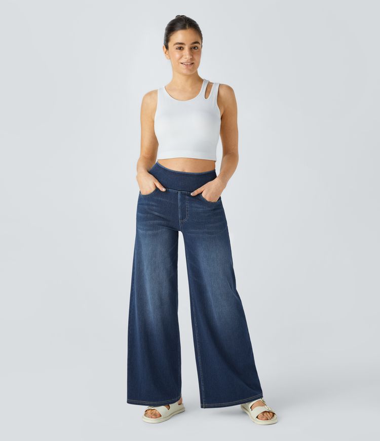 Halara Flex™ High Waisted Pockets Baggy Wide Leg Washed Casual Jeans