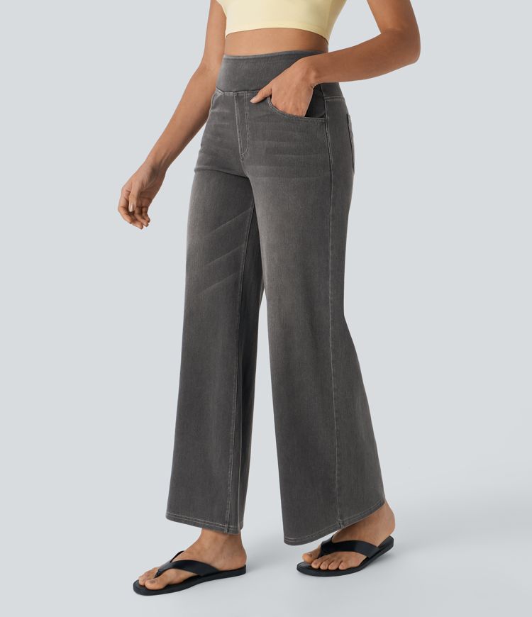 Halara Flex™ High Waisted Multiple Pockets Baggy Wide Leg Washed Stretchy Knit Casual Jeans