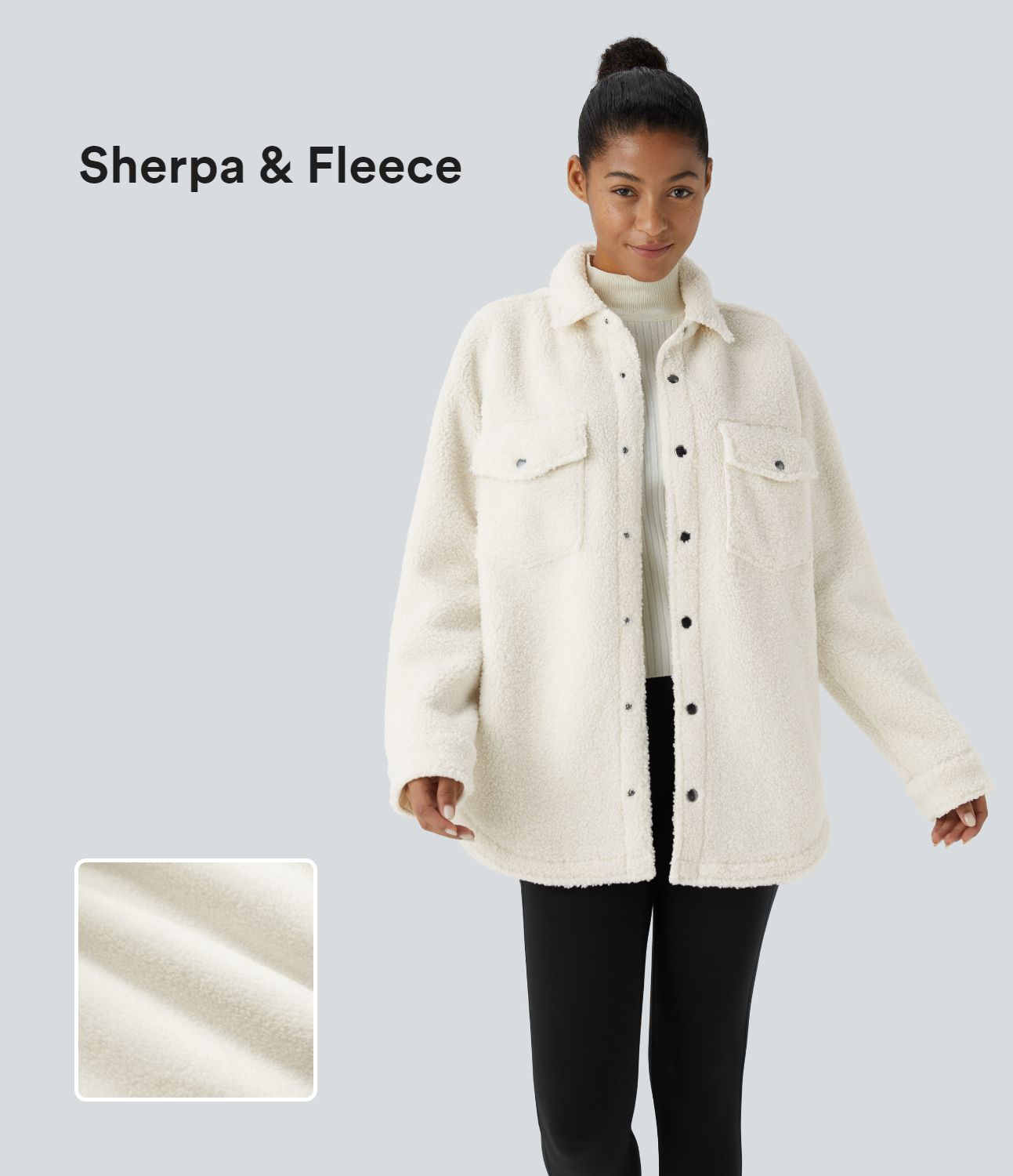 Collared Button Chest Pocket Long Sleeve Curved Hem Casual Sherpa Jacket