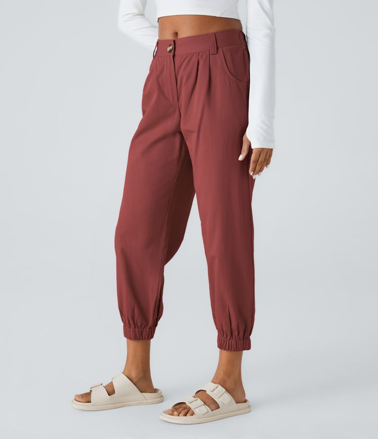 Mid Rise Button Zipper Side Pocket Casual Cotton Joggers