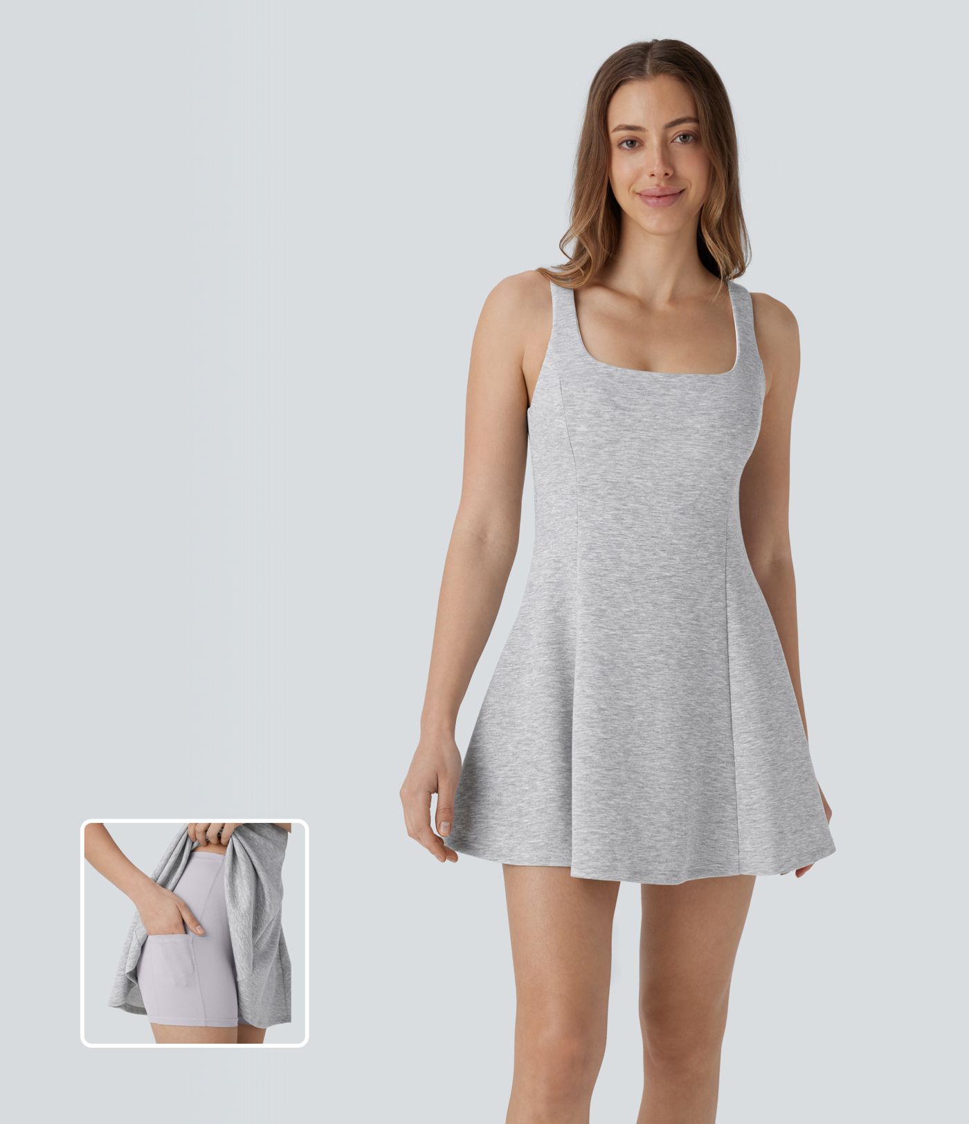 Ärmelloses, 2-teiliges Pickleball-Skater-Minikleid mit quadratischem Ausschnitt und Seitentasche