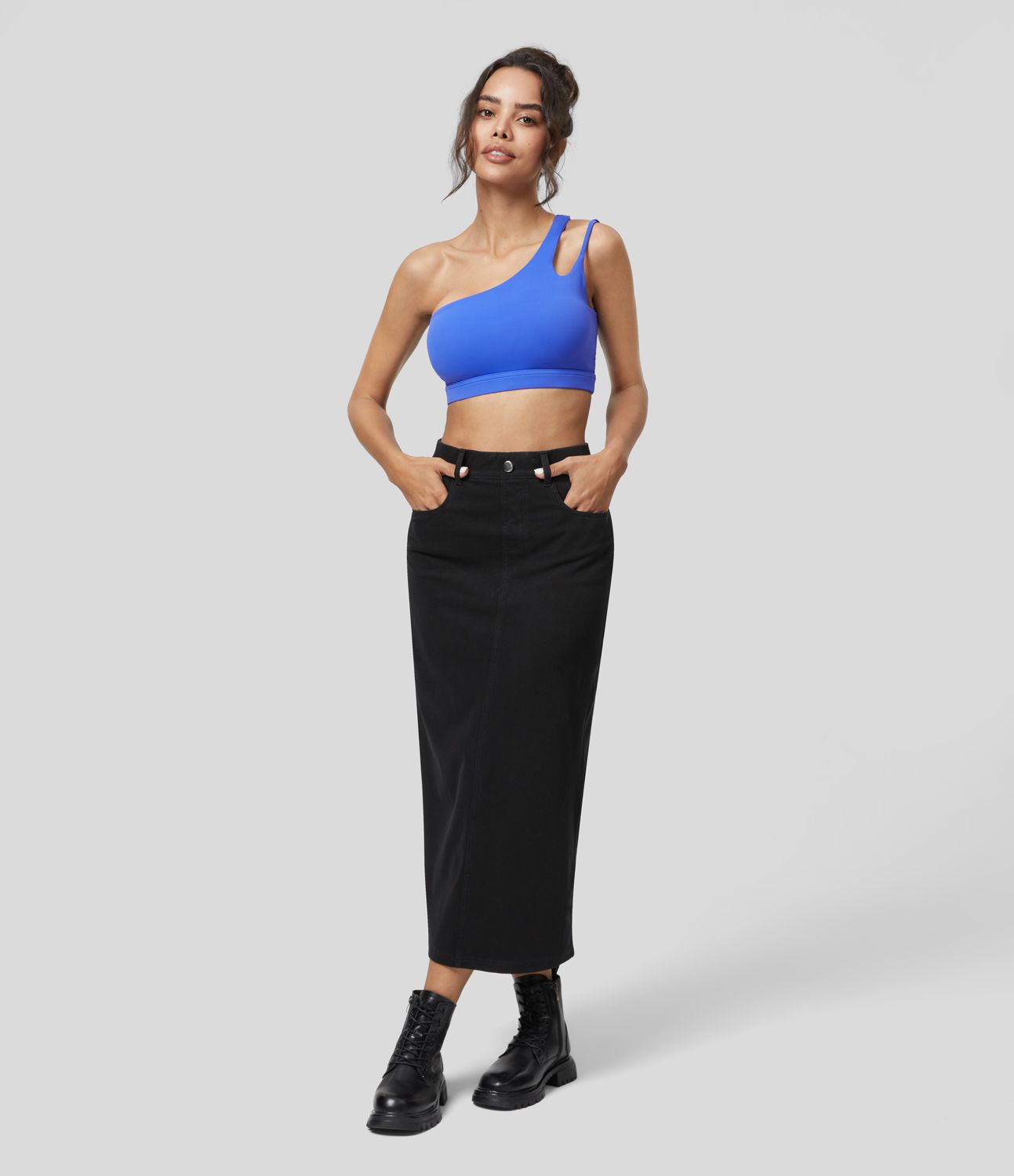 Halara Flex™ High Waisted Multiple Pockets Split Cool Touch Washed Stretchy Knit Denim Casual Skirt