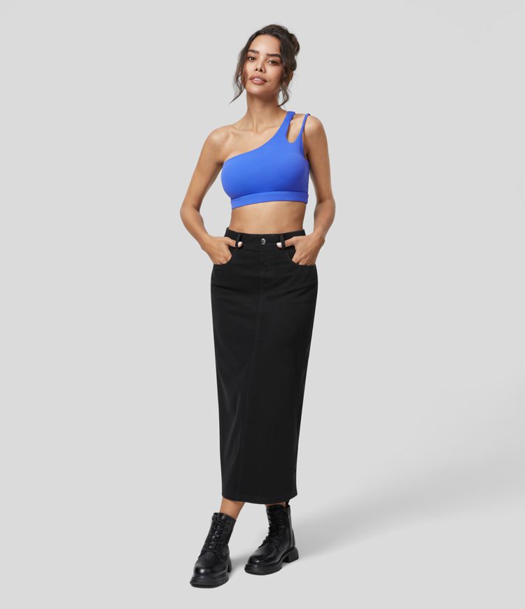 Halara Flex™ High Waisted Multiple Pockets Split Cool Touch Washed Stretchy Knit Denim Casual Skirt