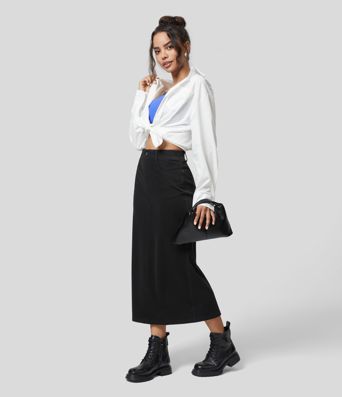 Halara Flex™ High Waisted Multiple Pockets Split Cool Touch Washed Stretchy Knit Denim Casual Skirt