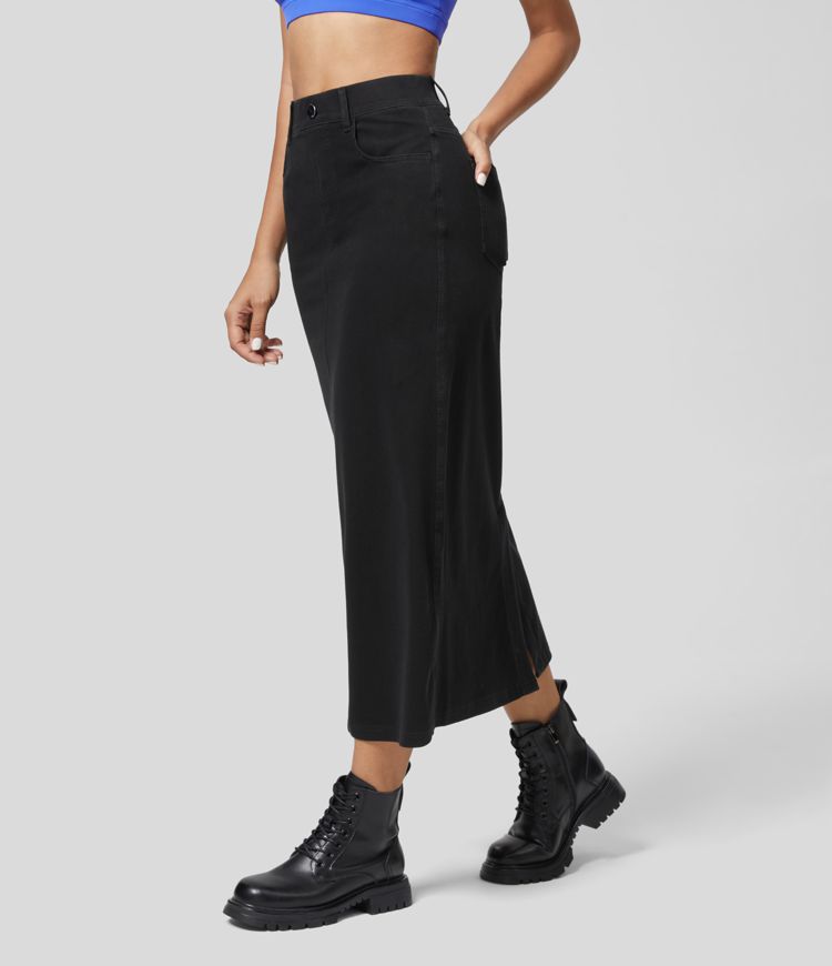 Halara Flex™ High Waisted Multiple Pockets Split Cool Touch Washed Stretchy Knit Denim Casual Skirt