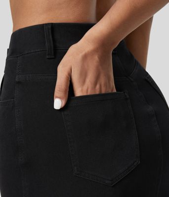 Halara Flex™ High Waisted Multiple Pockets Split Cool Touch Washed Stretchy Knit Denim Casual Skirt