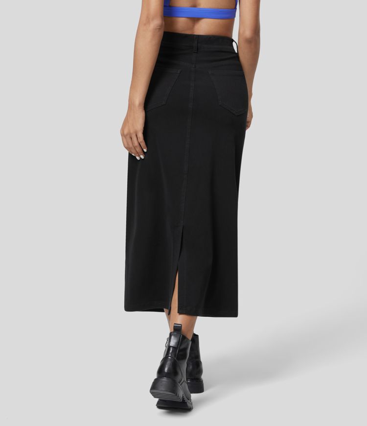 Halara Flex™ High Waisted Multiple Pockets Split Cool Touch Washed Stretchy Knit Denim Casual Skirt