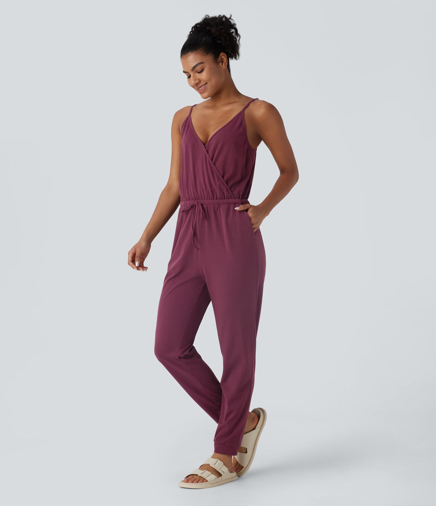 Crossover V Neck Adjustable Strap Drawstring Side Pocket Waffle Casual Jumpsuit