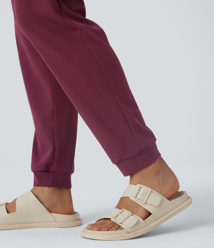 Crossover V Neck Adjustable Strap Drawstring Side Pocket Waffle Casual Jumpsuit