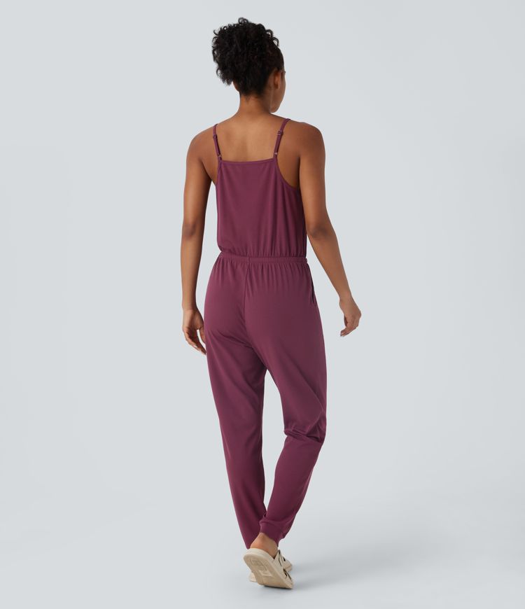 Crossover V Neck Adjustable Strap Drawstring Side Pocket Waffle Casual Jumpsuit