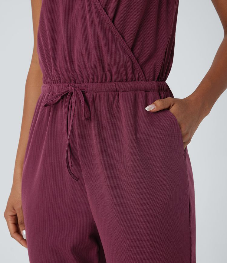 Crossover V Neck Adjustable Strap Drawstring Side Pocket Waffle Casual Jumpsuit