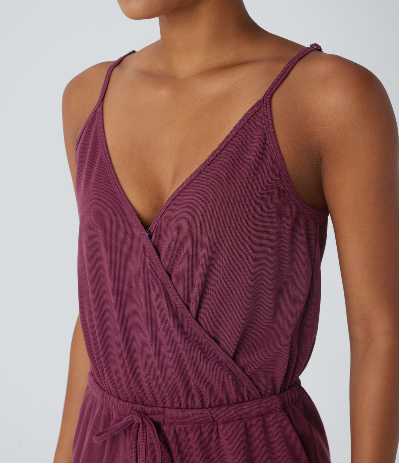 Crossover V Neck Adjustable Strap Drawstring Side Pocket Waffle Casual Jumpsuit