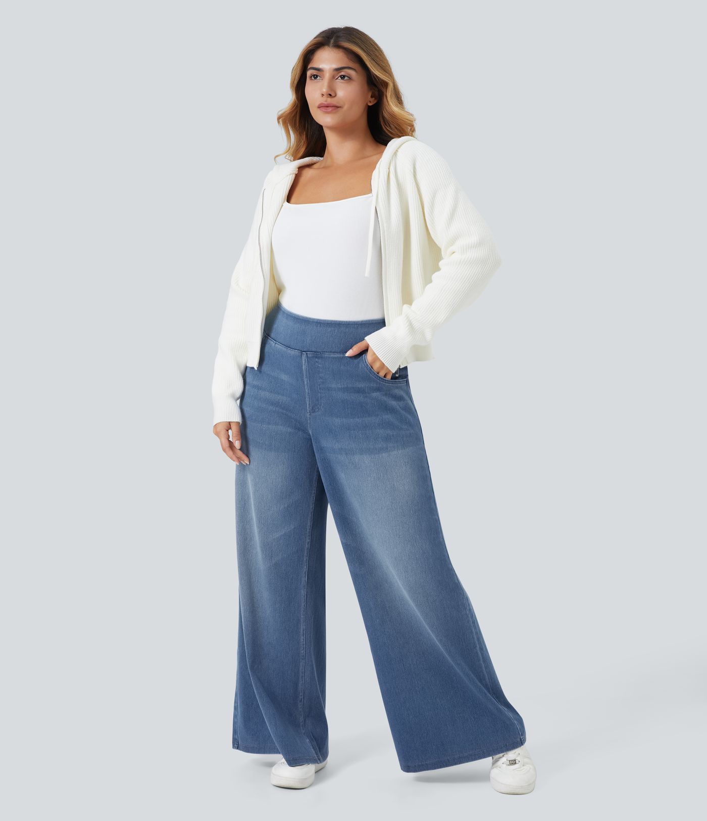 Halara Flex™ High Waisted Pockets Baggy Wide Leg Washed Casual Plus Size Jeans
