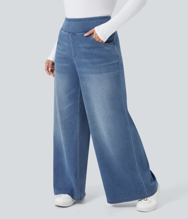 Halara Flex™ High Waisted Pockets Baggy Wide Leg Washed Casual Plus Size Jeans