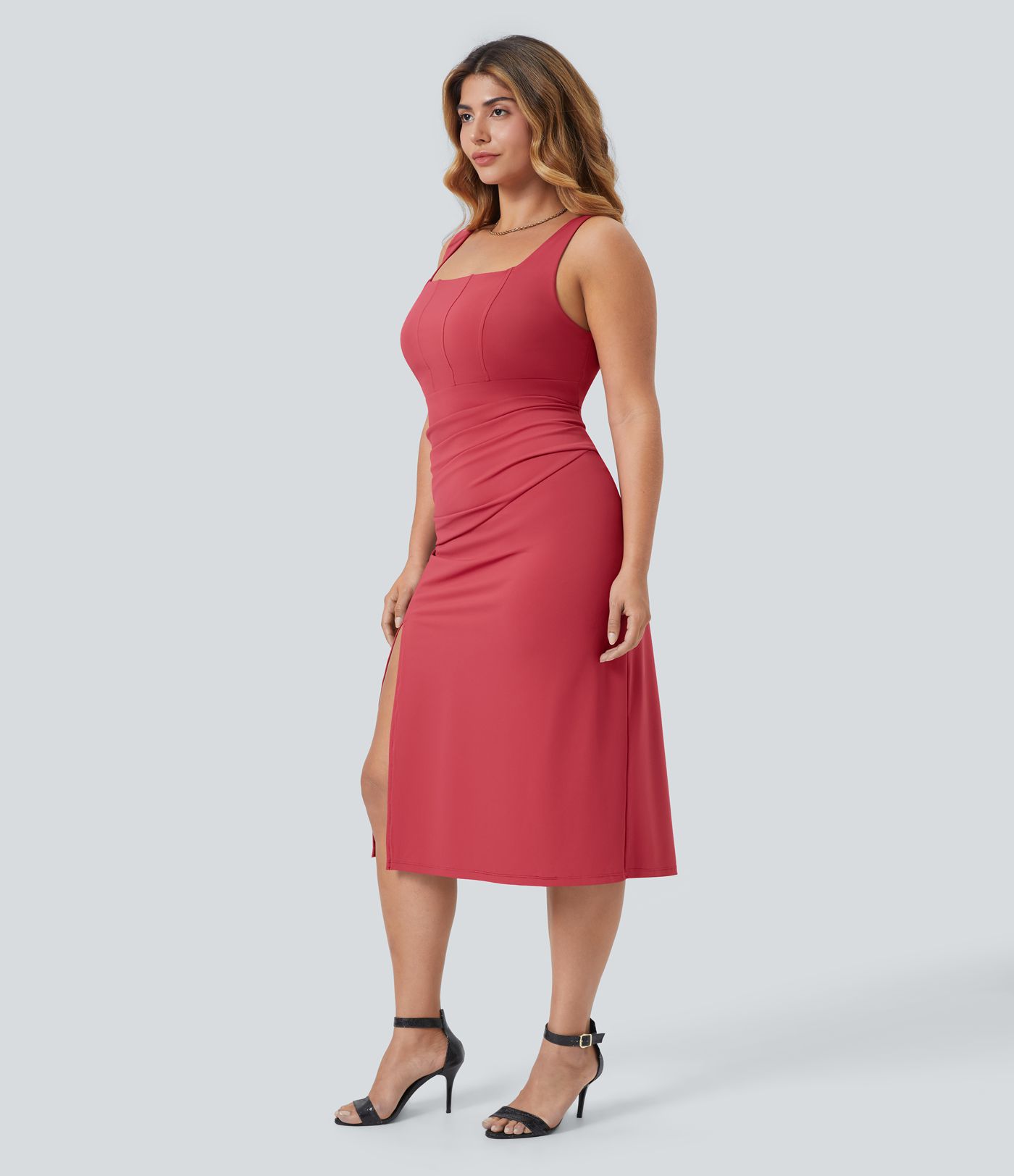 Vestido midi Softlyzero™ Airy talla grande cuello cuadrado sin espalda fruncido ajustado abertura