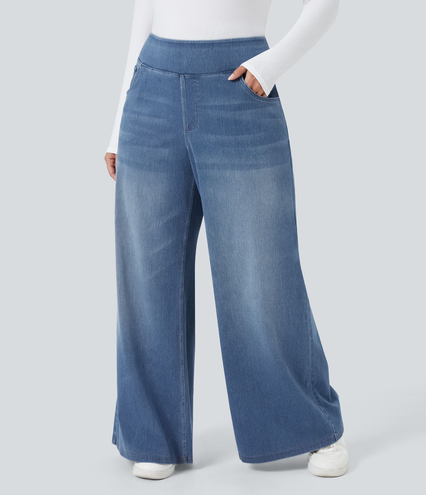 Halara Flex™ High Waisted Pockets Baggy Wide Leg Washed Casual Plus Size Jeans