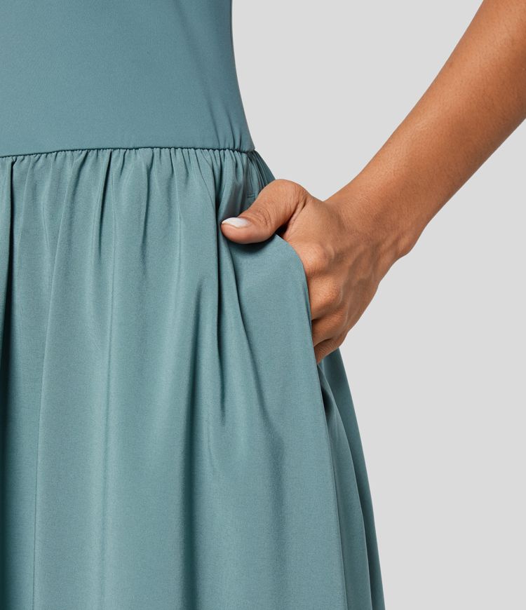 Breezeful™ Backless Side Pocket Flowy Flare Maxi Quick Dry Casual Slip Dress