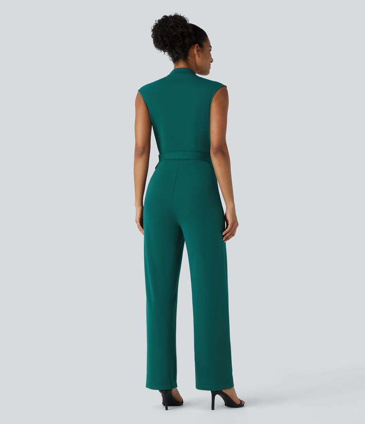 Sleeveless Button Belted Side Pocket Invisible Zipper Work Jumpsuit-Easy Peezy Edition