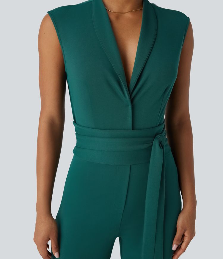 Sleeveless Button Belted Side Pocket Invisible Zipper Work Jumpsuit-Easy Peezy Edition