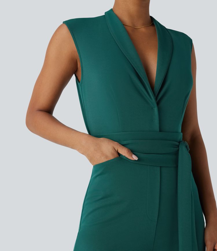 Sleeveless Button Belted Side Pocket Invisible Zipper Work Jumpsuit-Easy Peezy Edition