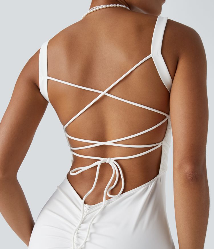 Vestido largo dama de honor invitada boda cuello cuadrado fruncido sin espalda entrecruzado cordón