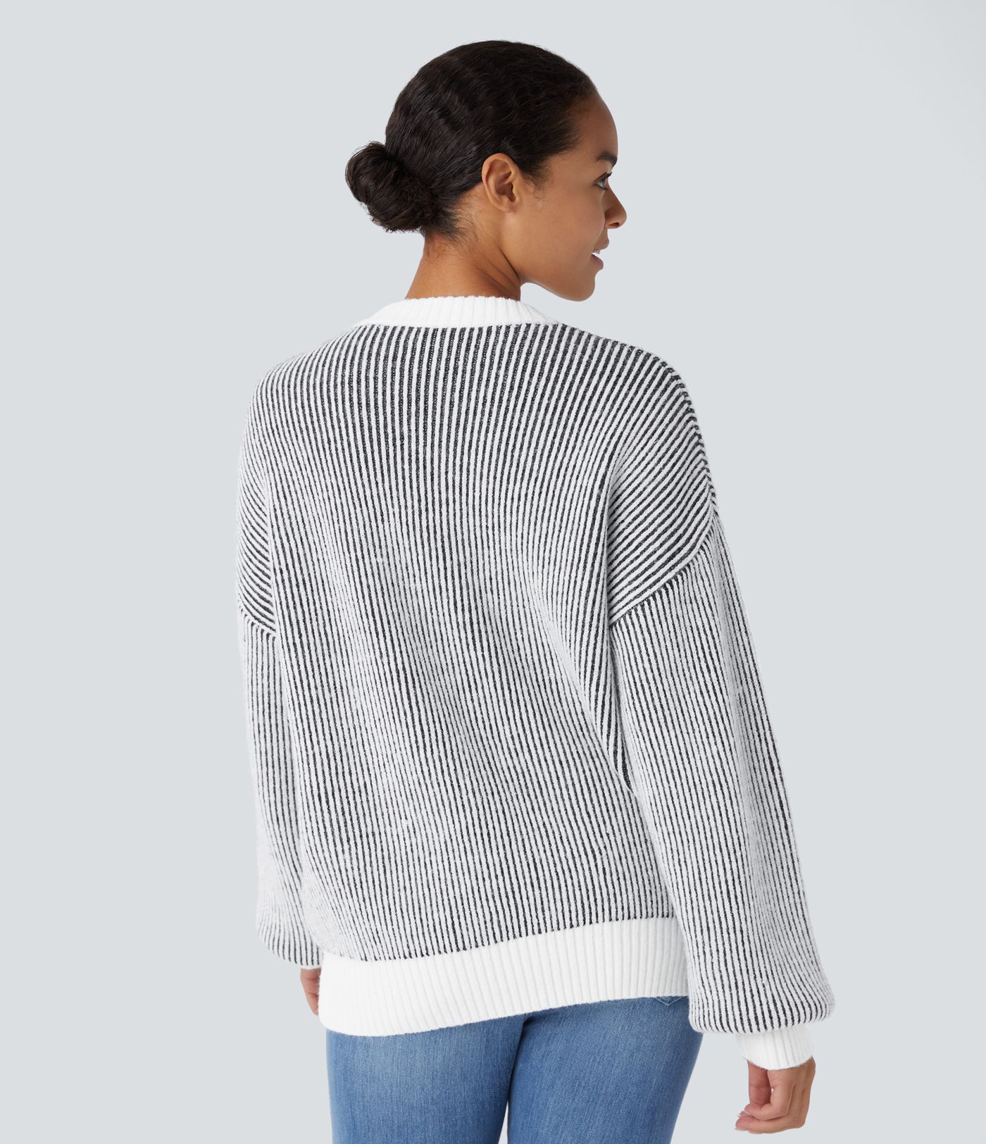 Round Neck Long Sleeve Color Block Stripe Casual Sweater