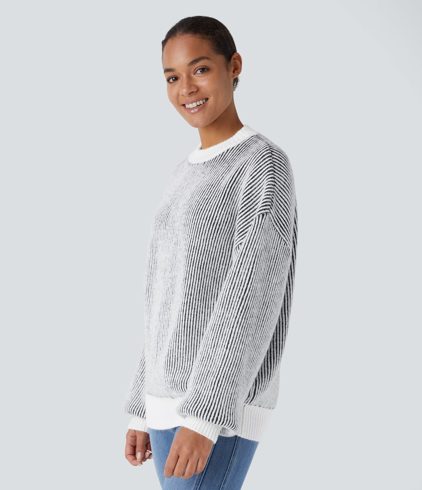 Round Neck Long Sleeve Color Block Stripe Casual Sweater