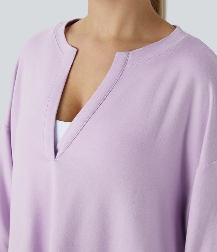 V Neck Dropped Shoulder Long Sleeve Casual Sweatshirt