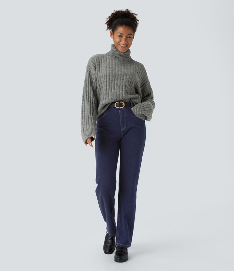 Halara Flex™ High Waisted Multiple Pockets Straight Leg Herringbone Stretchy Knit Casual Jeans