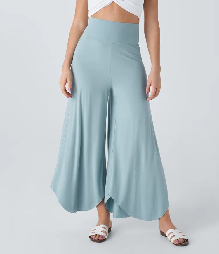 Super high waist wide curved hem flowy vacation look pants