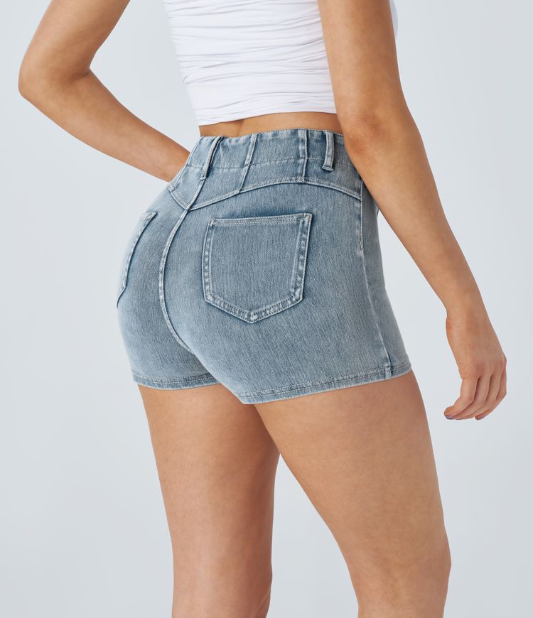 Halara Flex™ high waist decorative button back pocket stretchy knit denim casual capri pants 2pcs