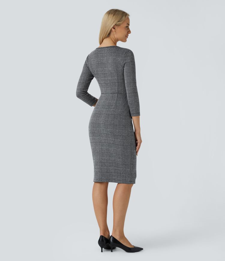 Boat Neck 3/4 Sleeve Side Pocket Houndstooth Plaid Midi Work Pencil Dress