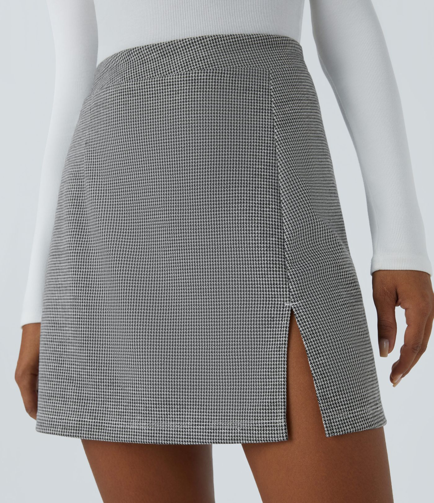 High-waist 2-in-1 split houndstooth mini worklook skirt