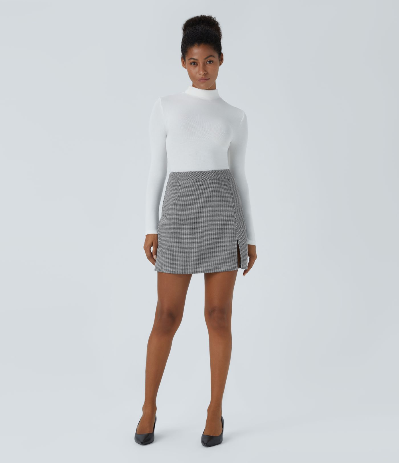 High-waist 2-in-1 split houndstooth mini worklook skirt