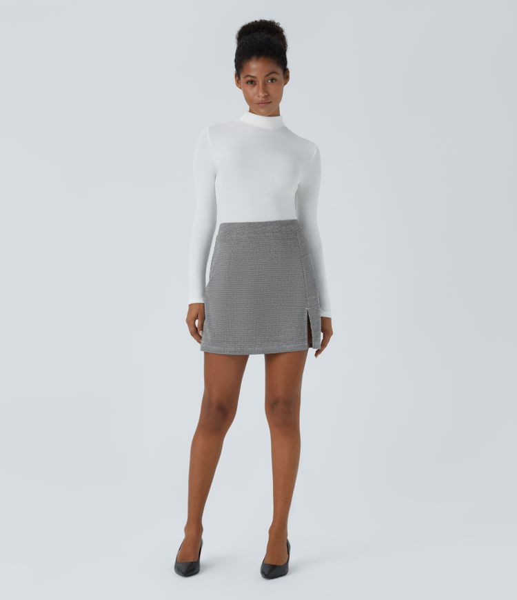 High-waist 2-in-1 Split Houndstooth Mini Worklook Skirt